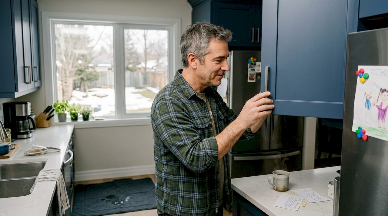 Homeowner checks kitchen cabinets in Ottawa winter