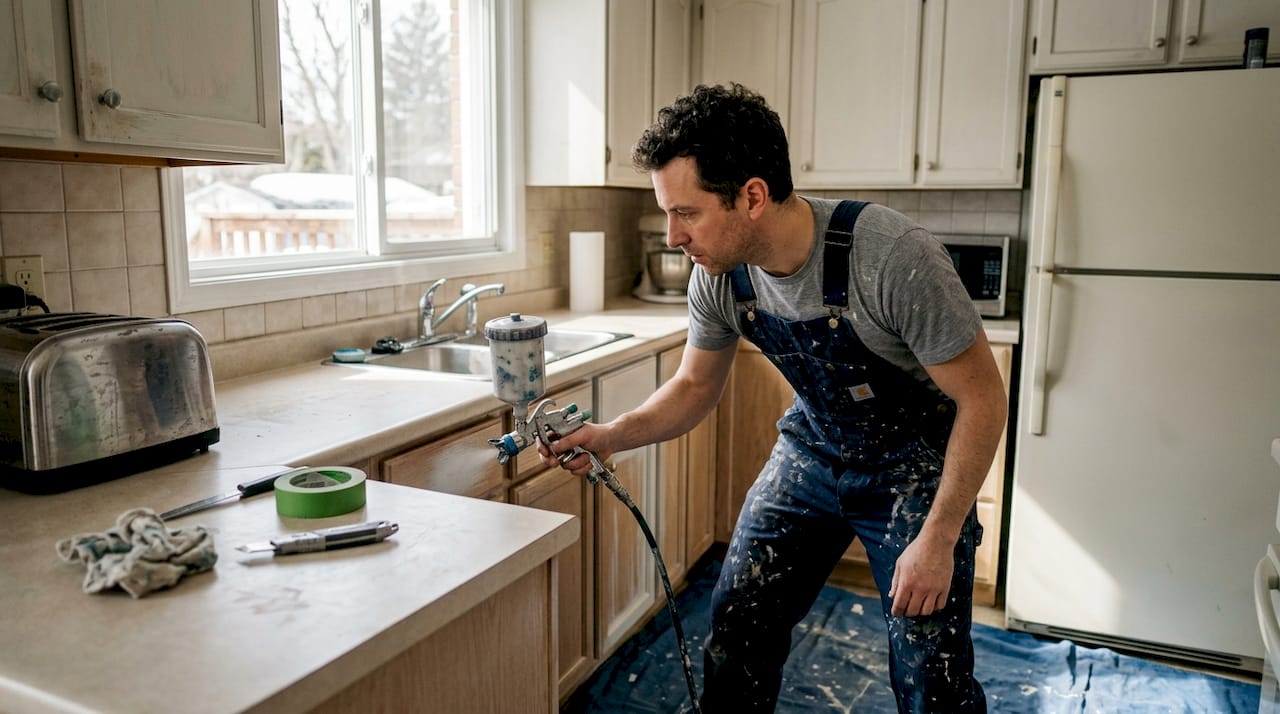 Painter spraying base coat on Ottawa kitchen cabinets