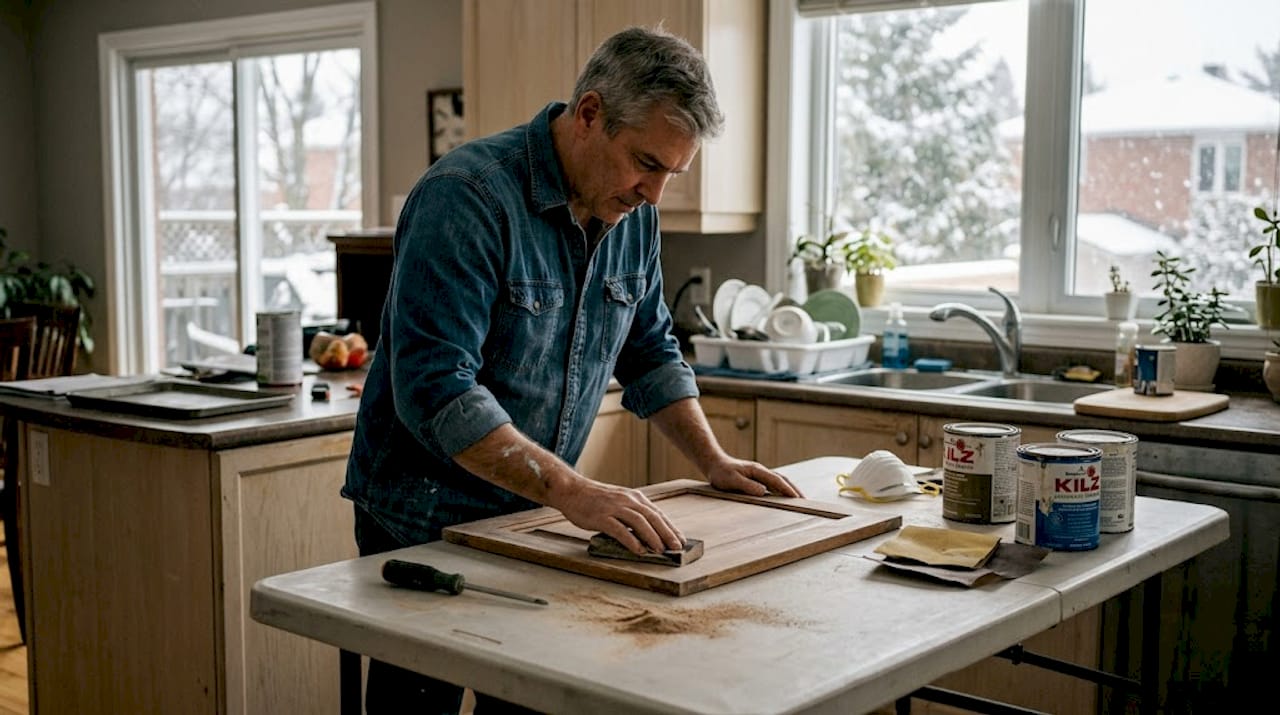 Homeowner sanding cabinet door during DIY cabinet prep