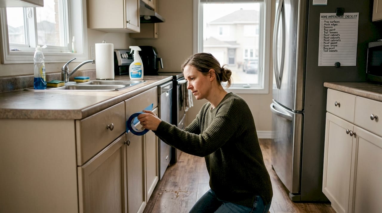 Woman prepping kitchen cabinets in real Ottawa home