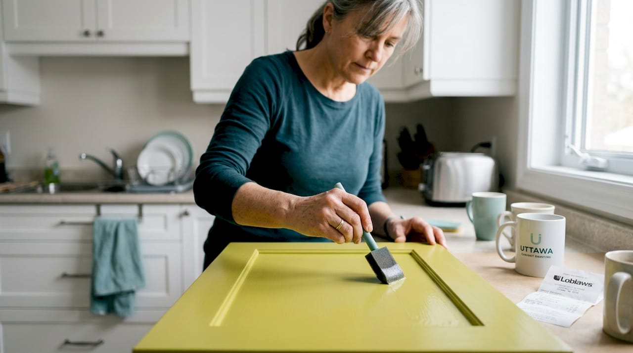 Applying sealant to kitchen cabinet door
