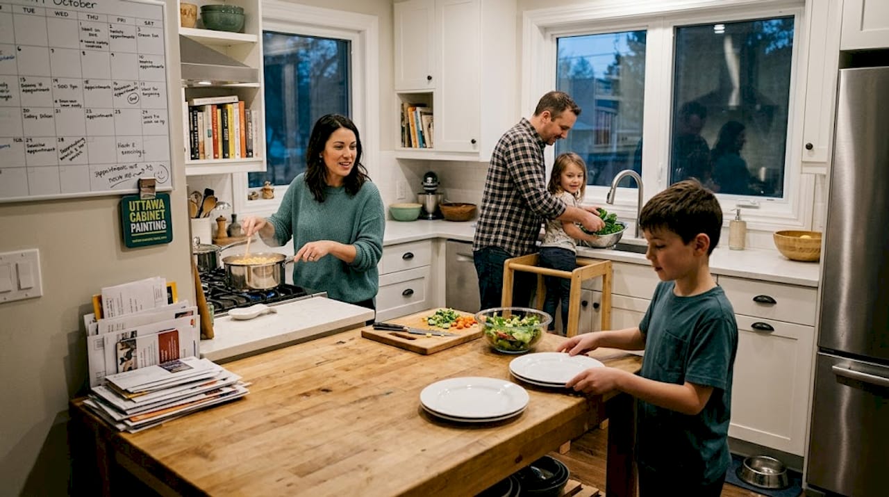 Family preparing dinner together in home kitchen