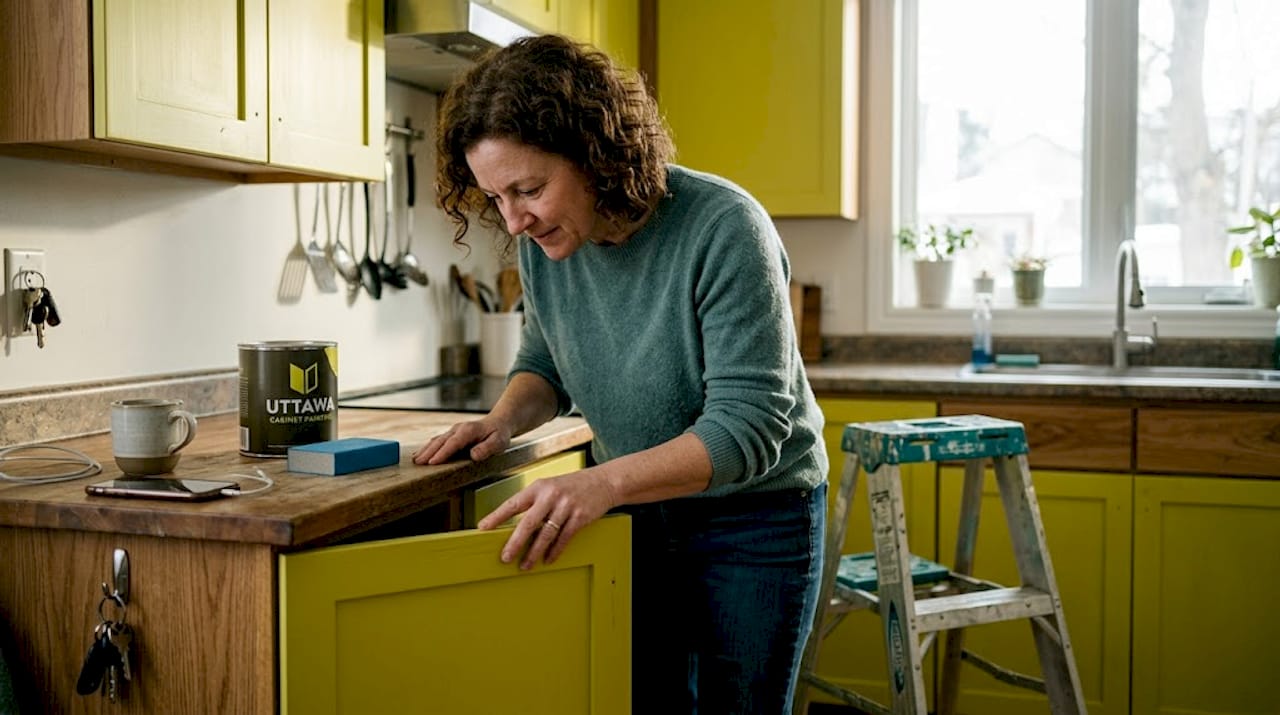 Homeowner inspecting refinished kitchen cabinet