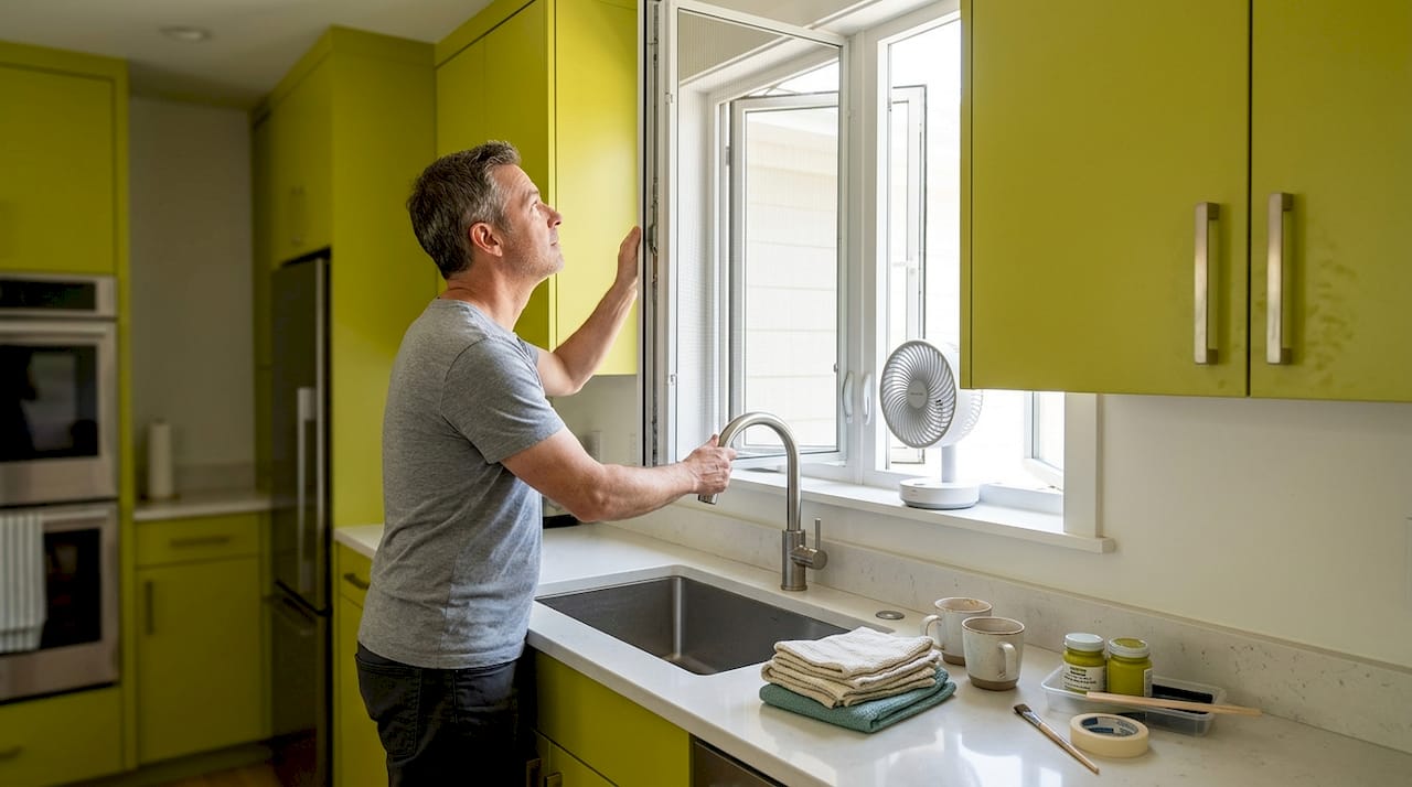 Man ventilating kitchen during cabinet maintenance