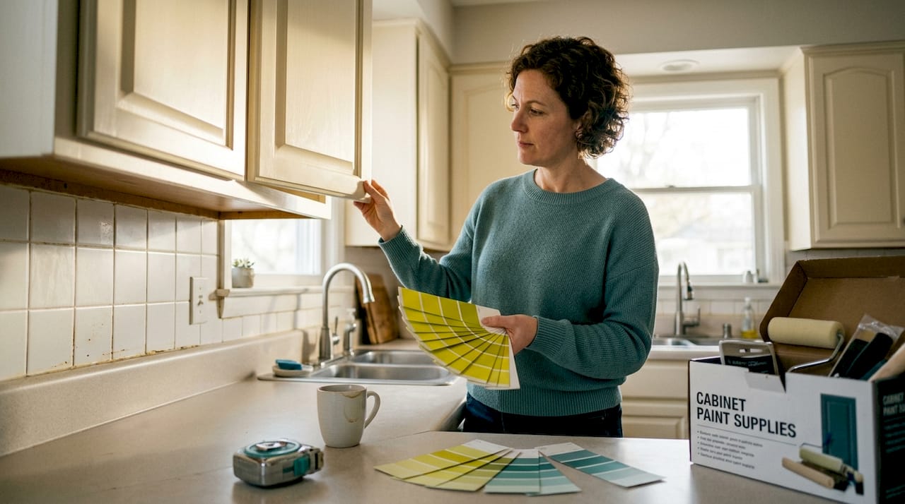 Homeowner choosing colors for Ottawa kitchen cabinets