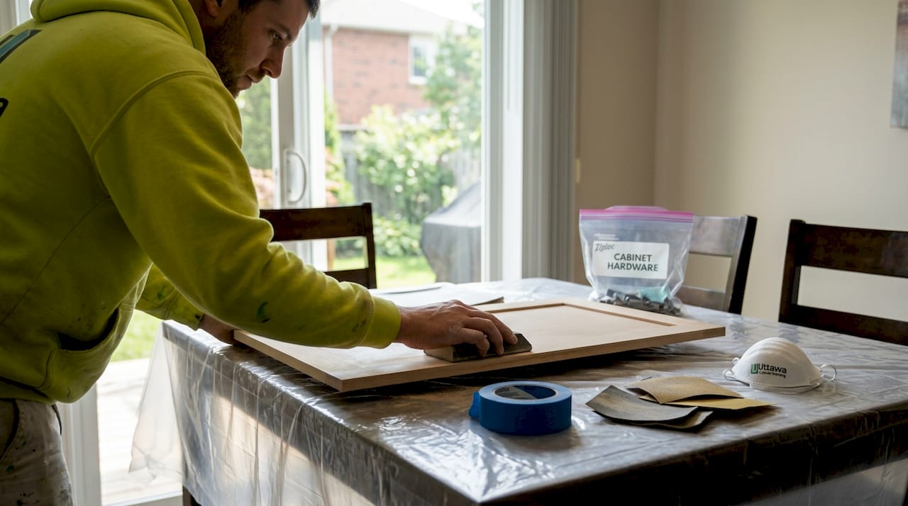 Cabinet painter sanding door in Ottawa home