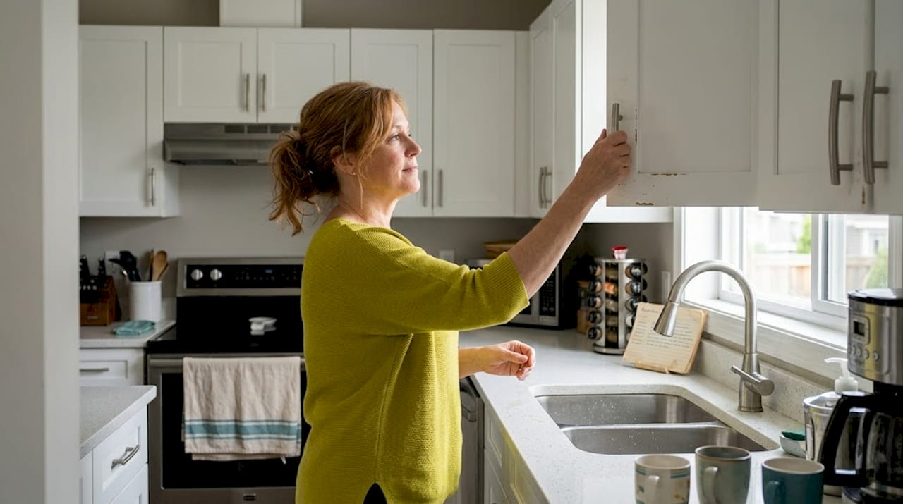 Woman using kitchen cabinets in a family kitchen