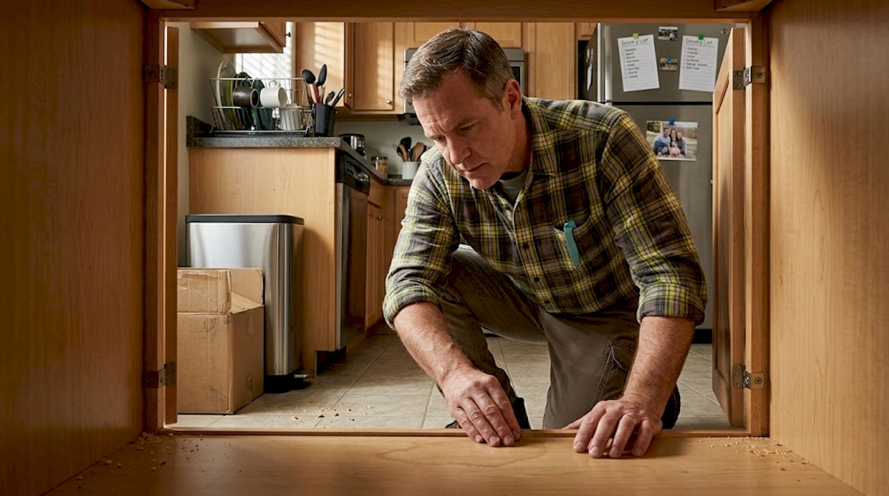 Man inspecting kitchen cabinet for wear