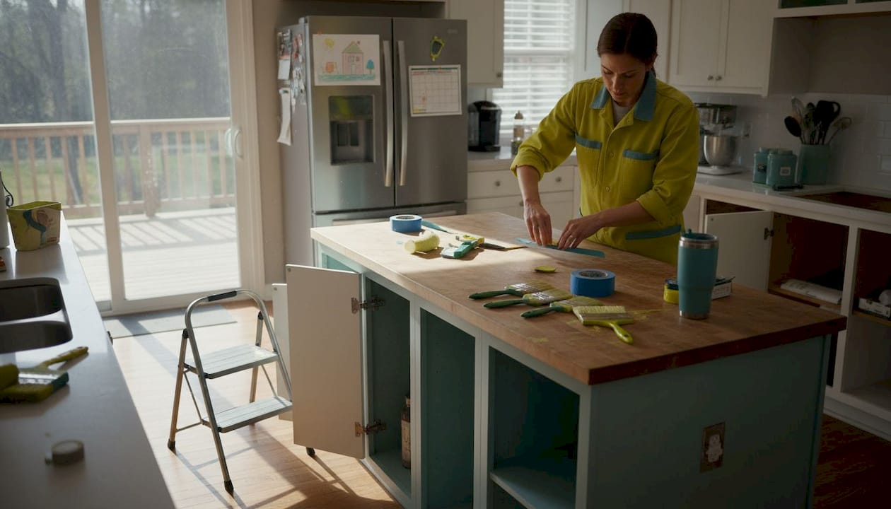 Workspace setup for kitchen cabinet painting