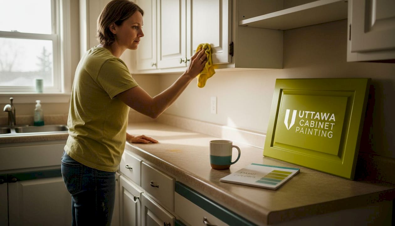 Homeowner cleaning kitchen cabinets before painting