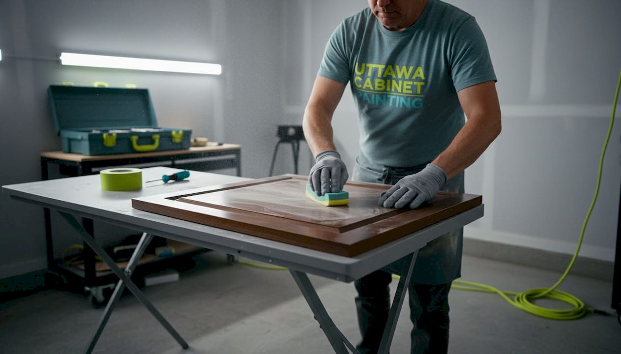 Person sanding glossy cabinet door for paint adhesion