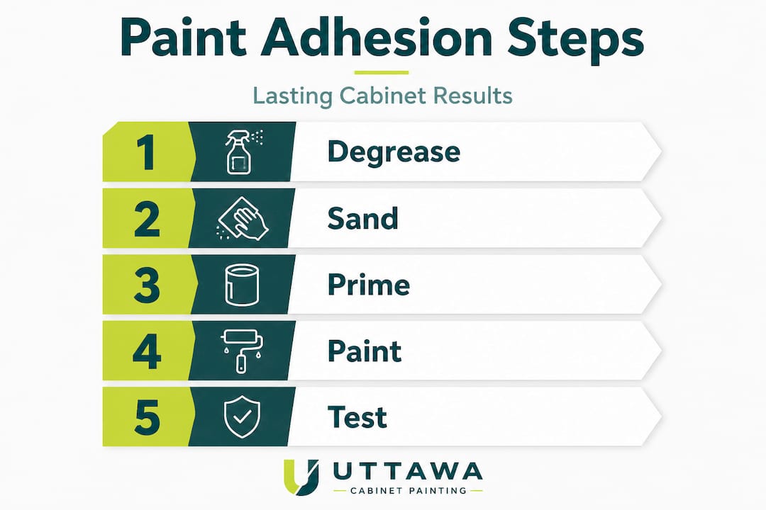 Infographic showing cabinet paint adhesion process steps