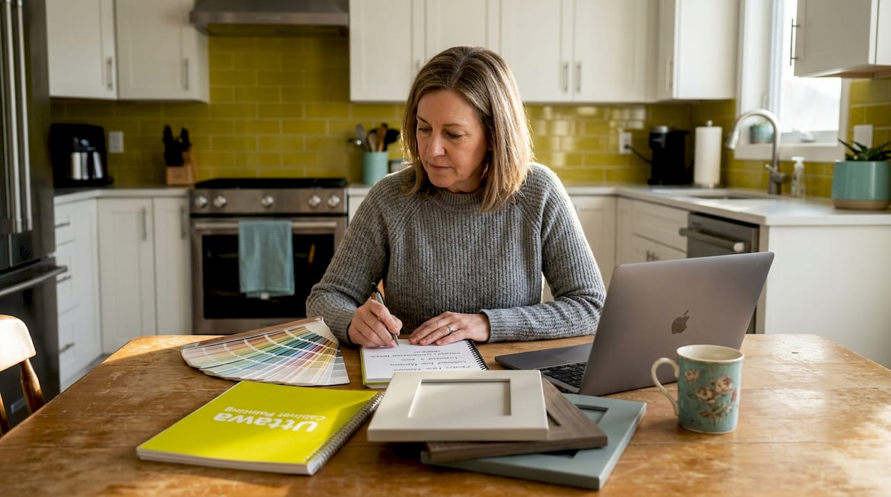 Homeowner examines paint samples at kitchen table