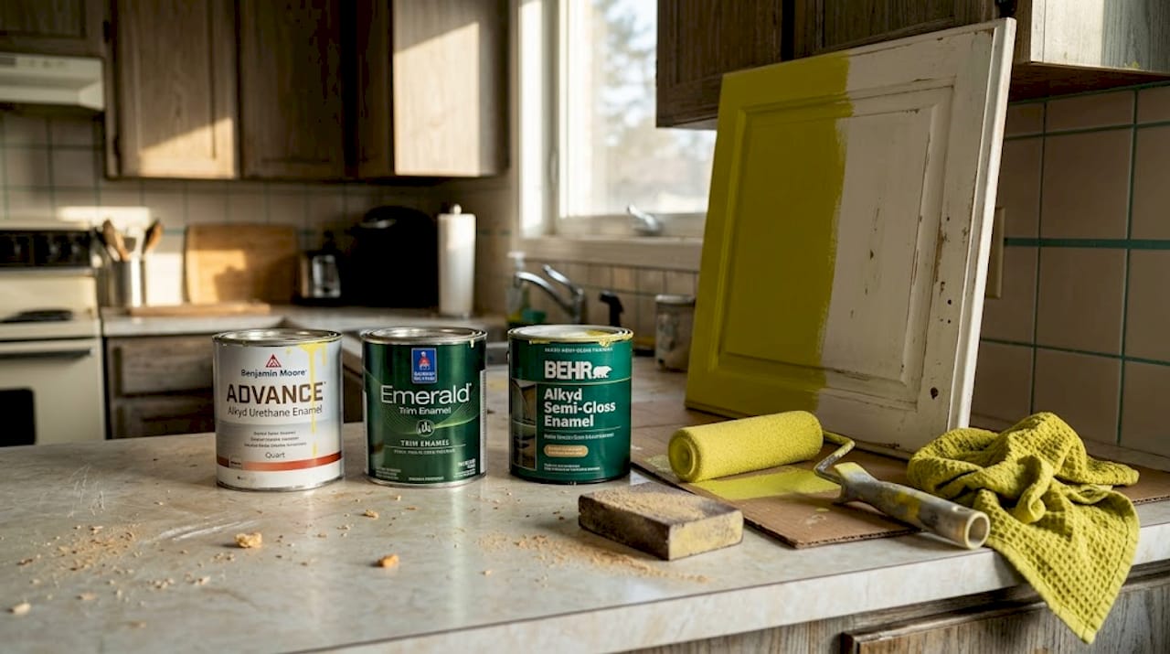 Paint cans and tools on kitchen counter