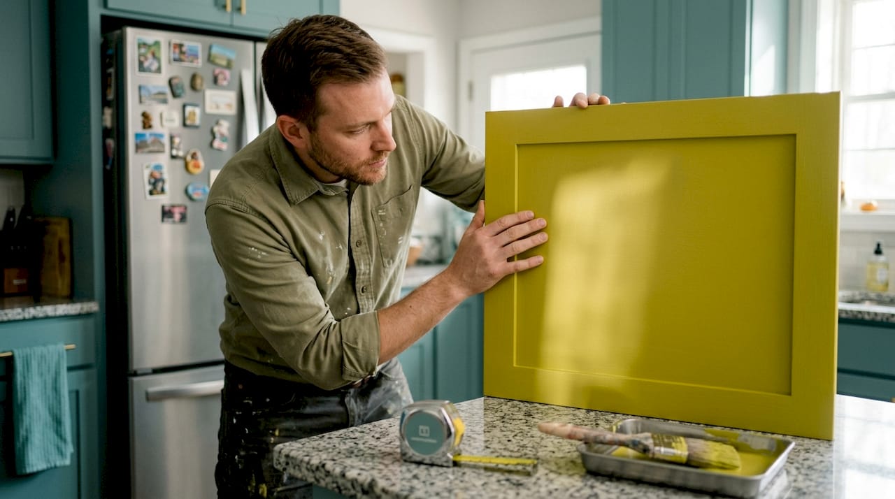 Inspector checking refinished kitchen cabinet surface