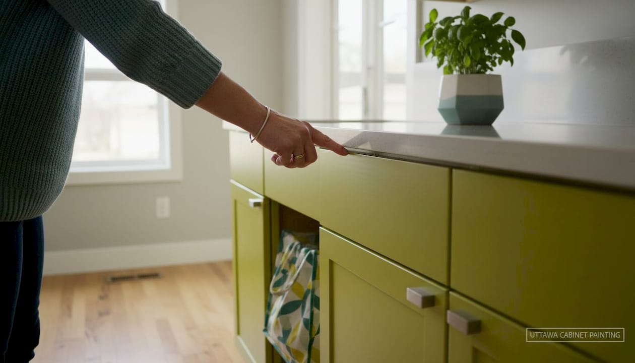 Close-up hand inspecting cabinet surface finish