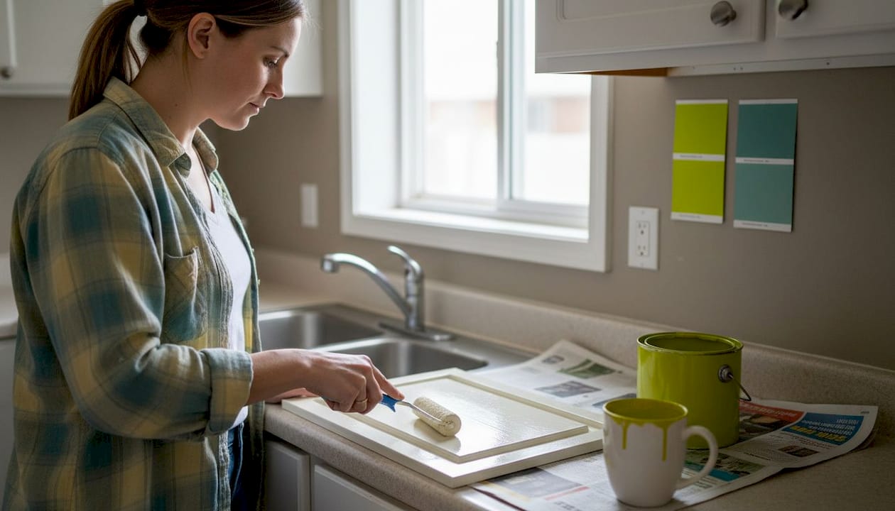 Person painting kitchen cabinet door Ottawa home