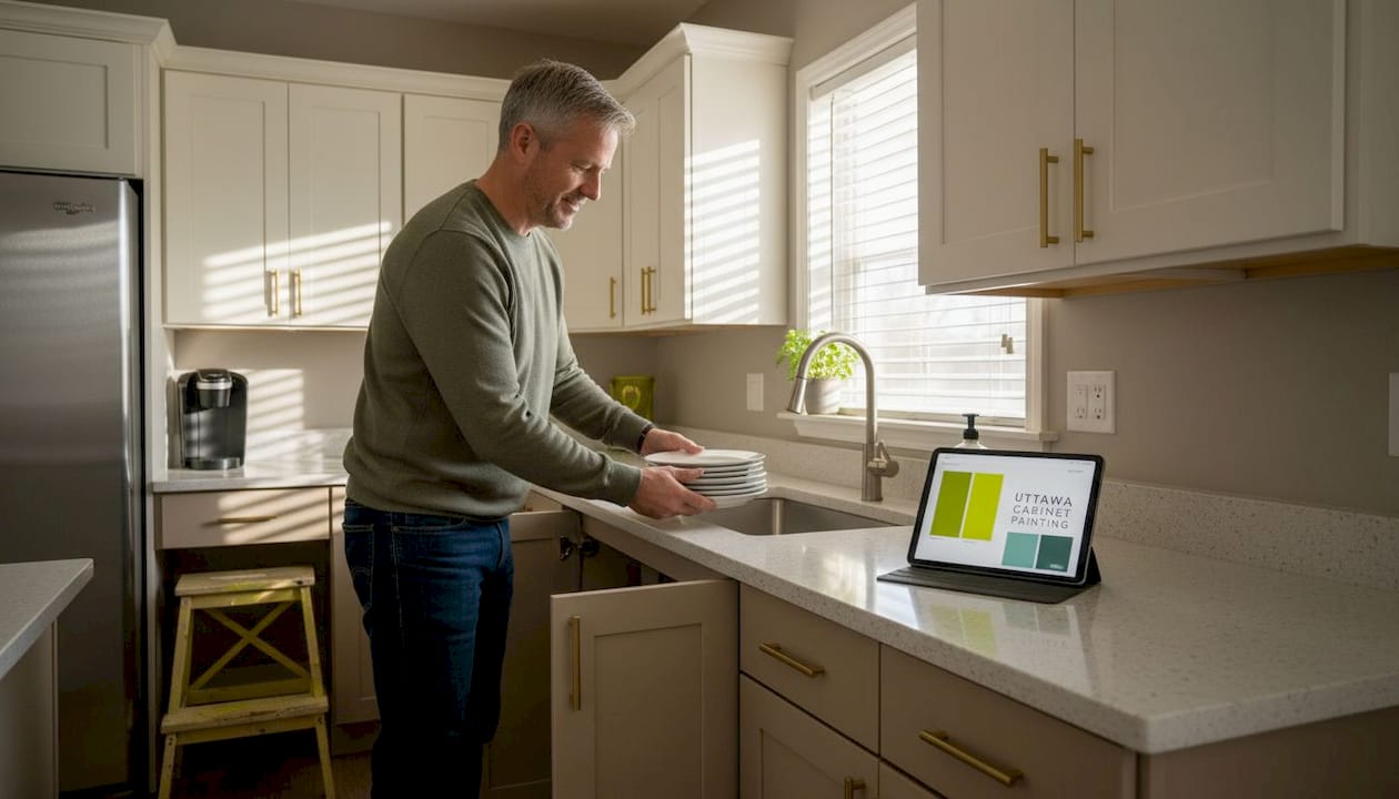 Man using freshly refinished taupe kitchen cabinets