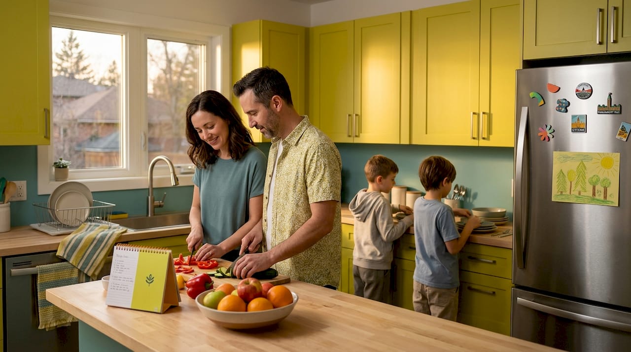 Family preparing meal together in cozy kitchen