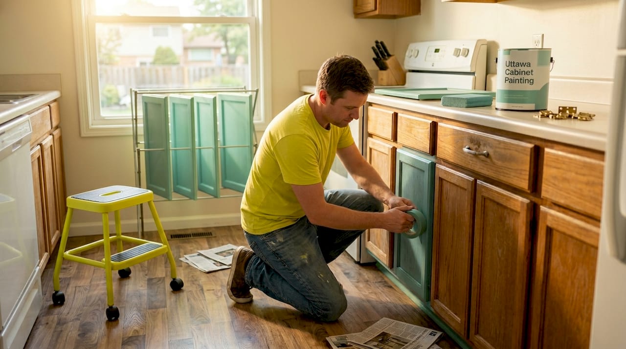 Homeowner prepping cabinets for DIY painting