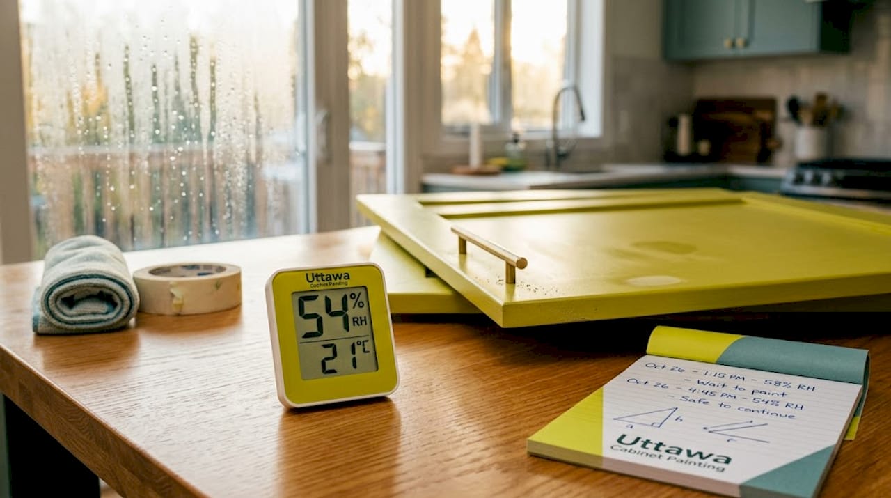 Hygrometer on counter near fresh cabinet paint