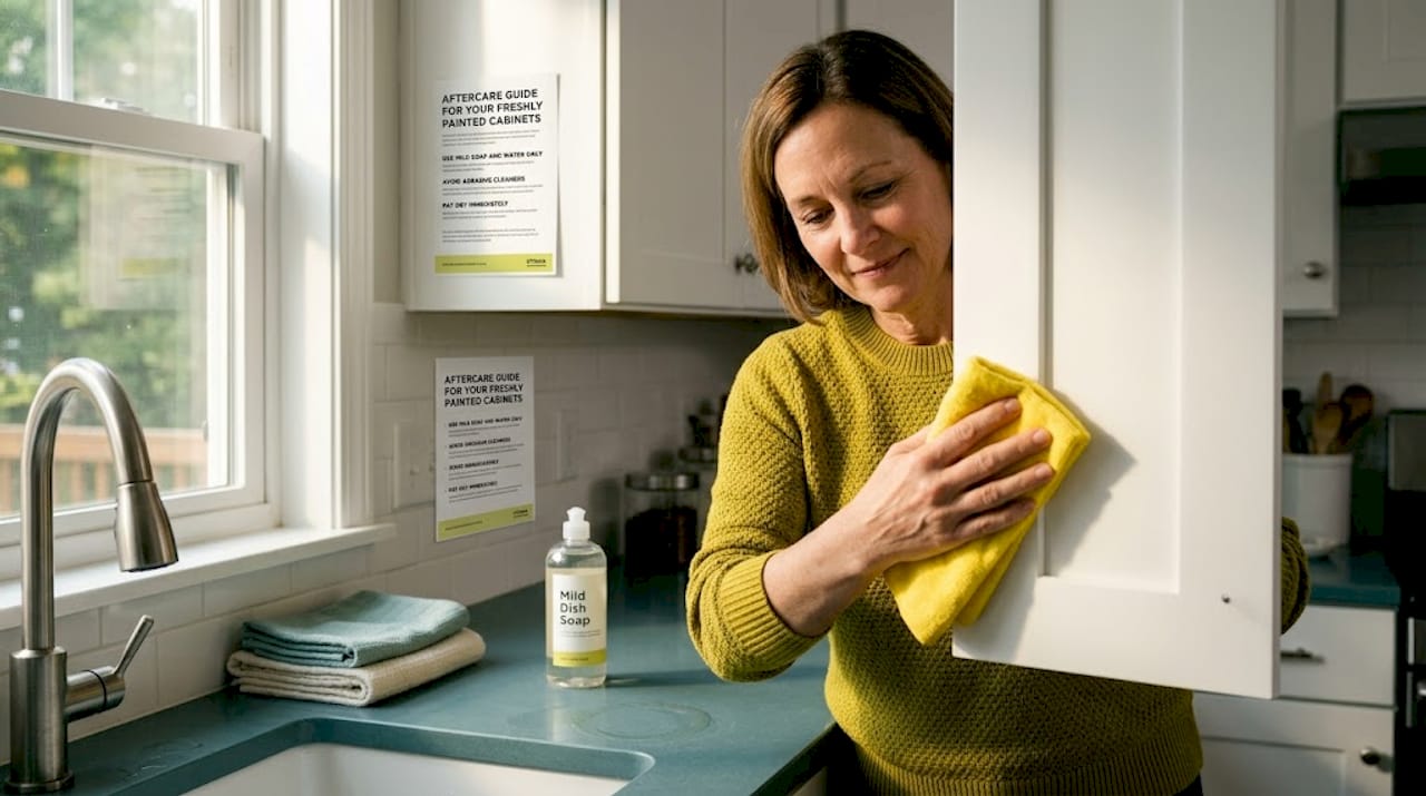 Homeowner gently cleaning painted kitchen cabinets