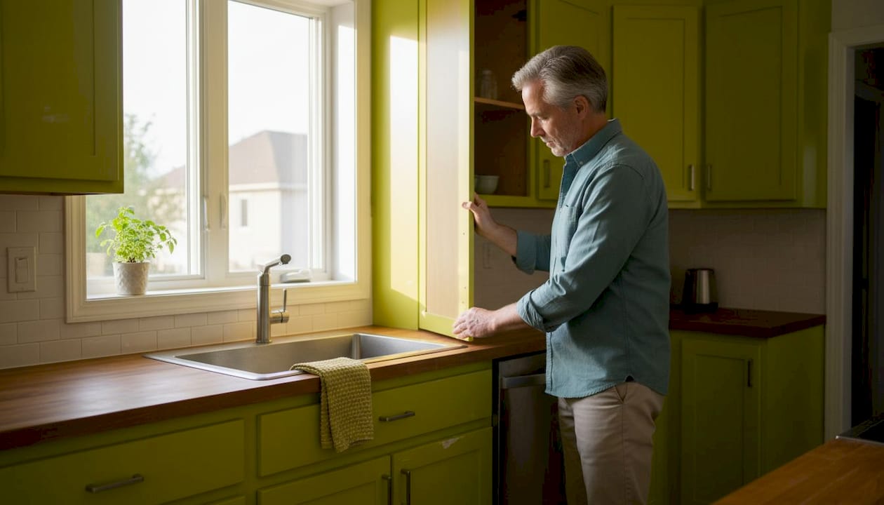 Homeowner inspecting cabinet structure in kitchen