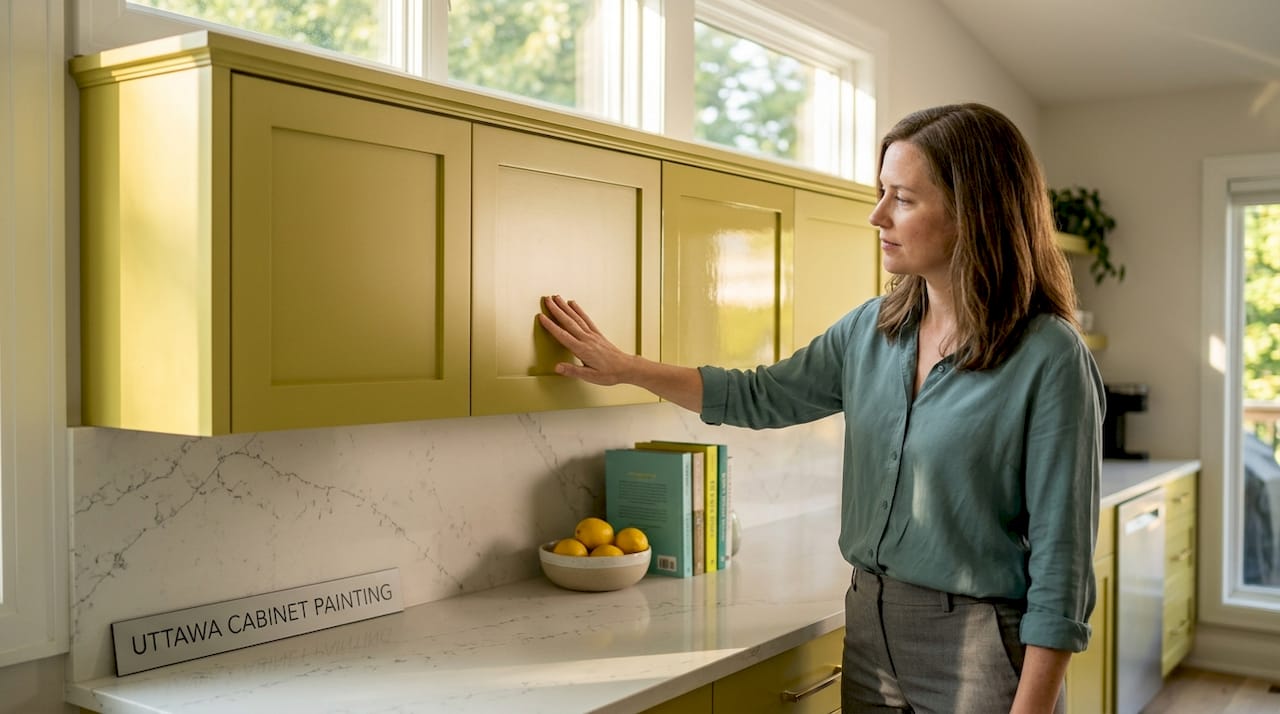Homeowner comparing cabinet gloss options in kitchen