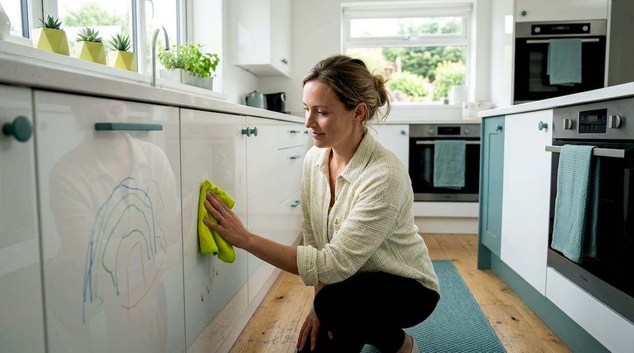 Cleaning kitchen cabinets to show gloss durability