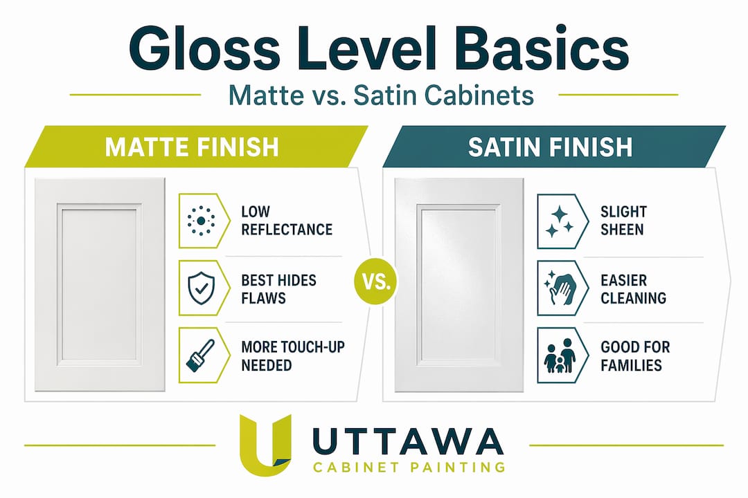 Infographic comparing matte and satin cabinet gloss