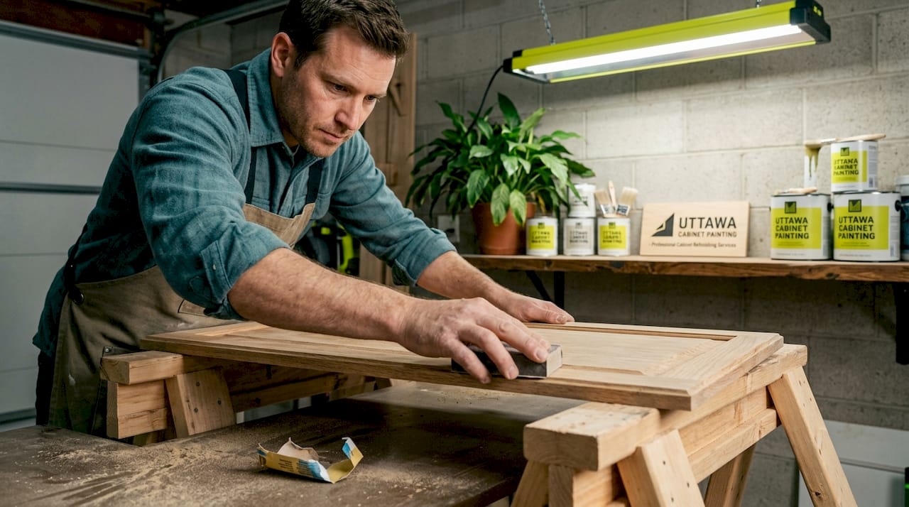 Hands sanding cabinet door during refinishing