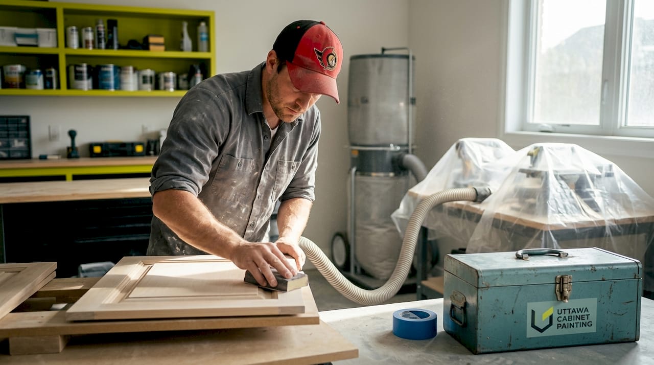 Contractor sanding cabinet door kitchen remodel