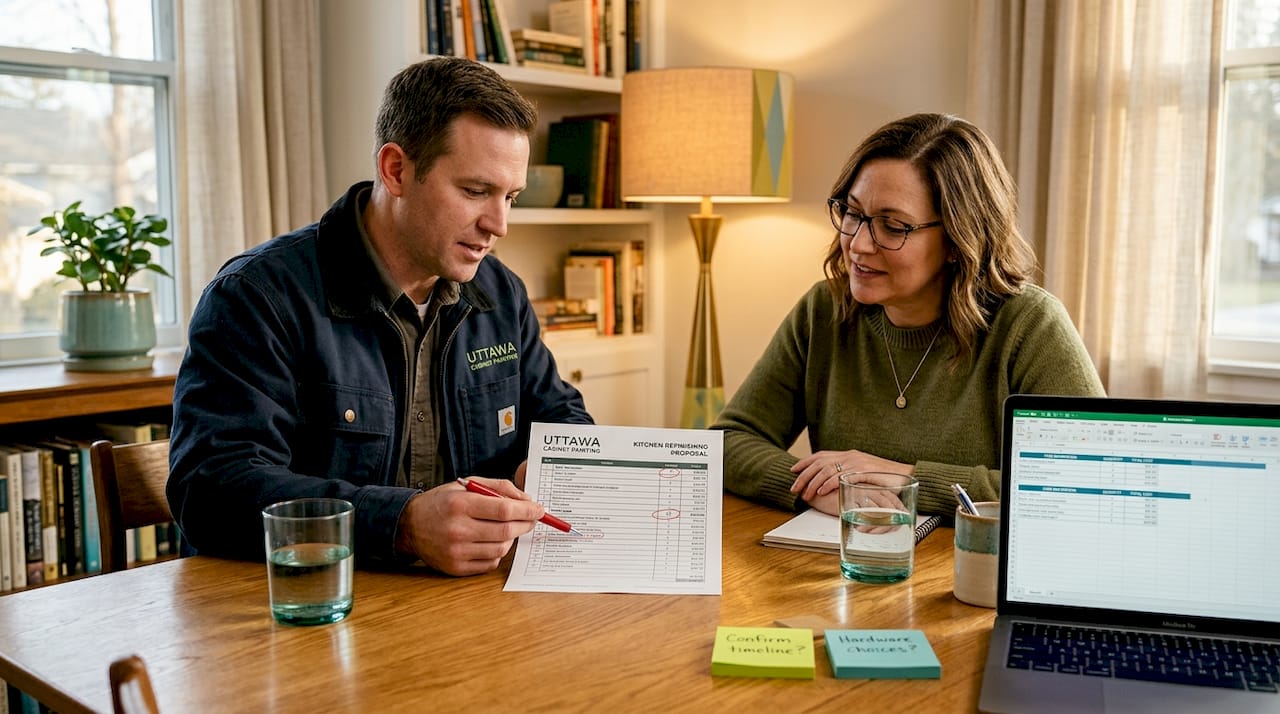 Contractor discussing kitchen quote with homeowner