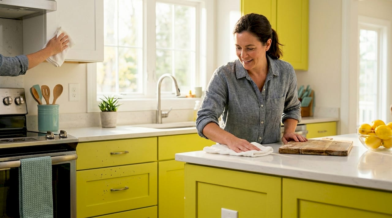 Wiping down newly painted white cabinets