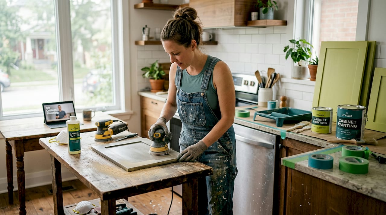 Homeowner sanding cabinet door in kitchen workspace