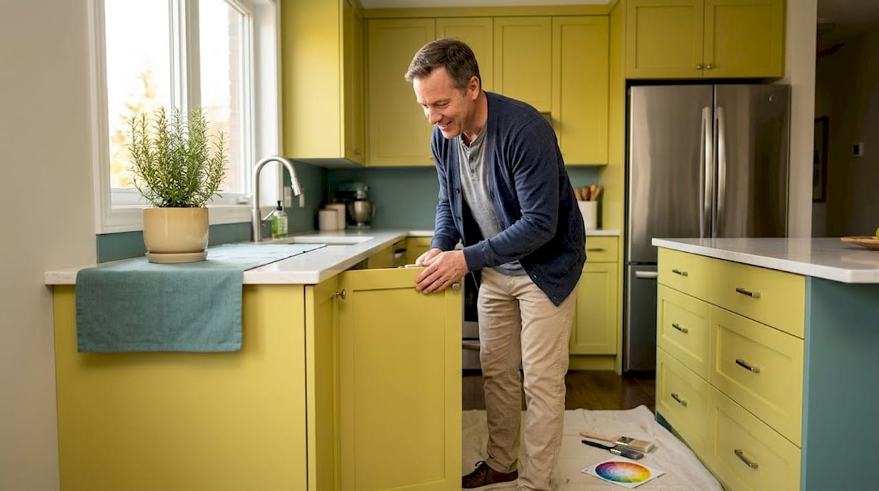 Homeowner inspects newly refaced cabinets