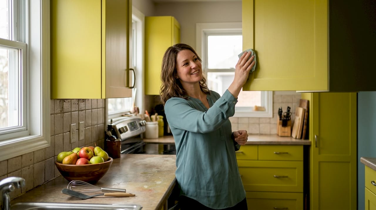 Homeowner cleaning satin finish kitchen cabinet
