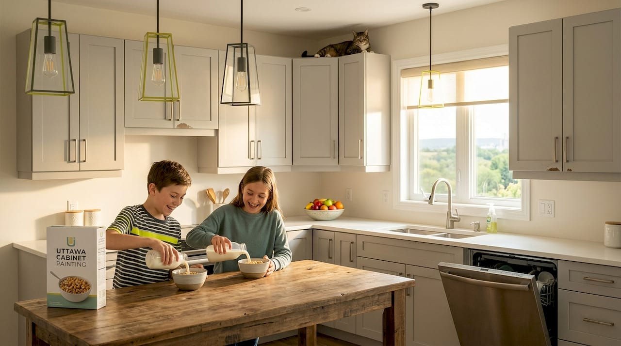 Busy family kitchen with satin finish cabinets