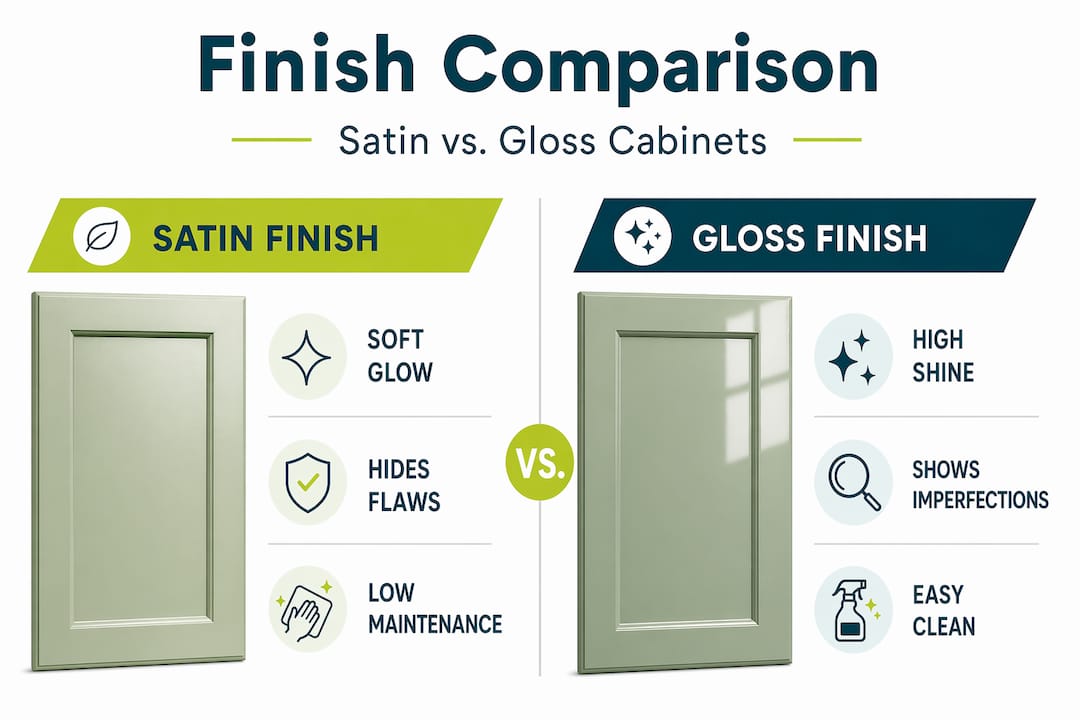 Infographic comparing satin and gloss cabinet finishes