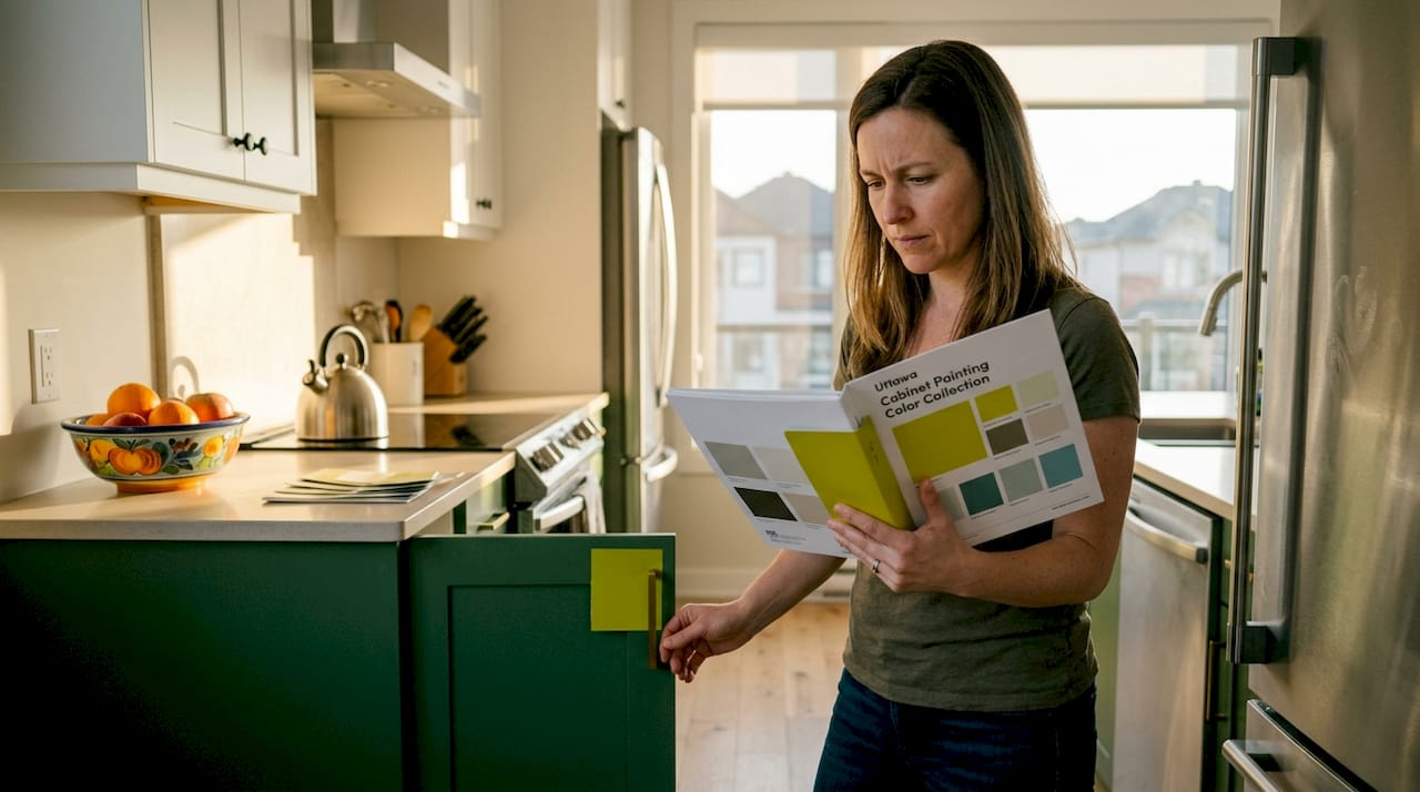 Homeowner testing two-tone kitchen cabinet colors