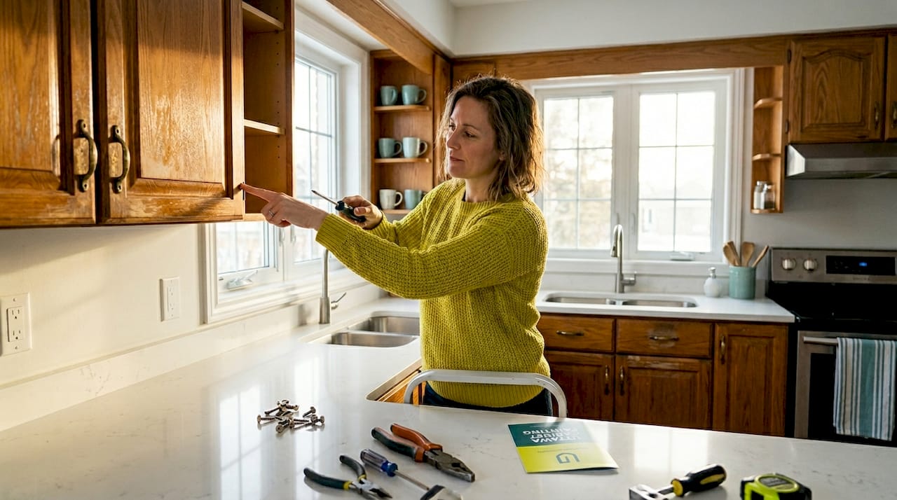 Homeowner checking inside Ottawa kitchen cabinet