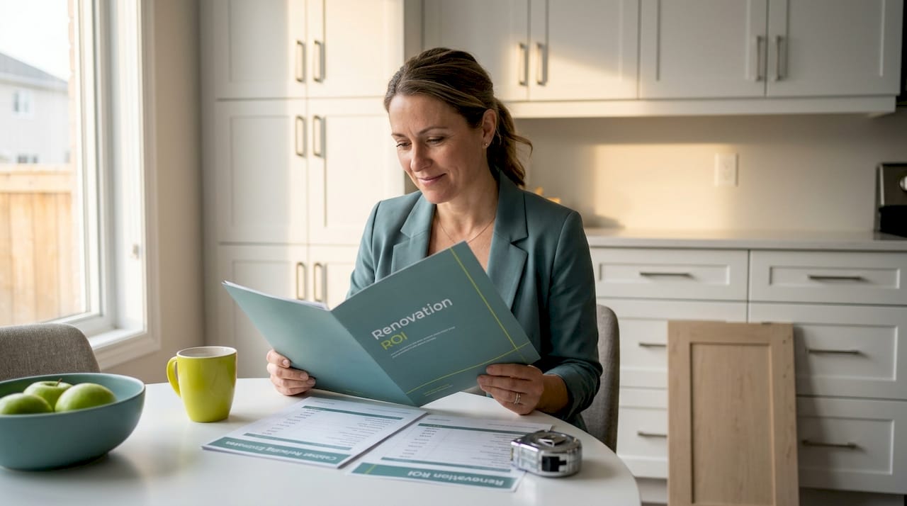 Agent reviewing cabinet options at kitchen table