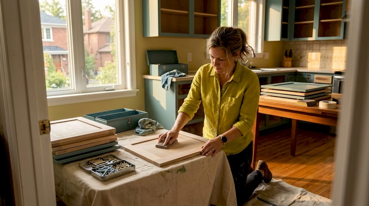Ottawa woman refinishing kitchen cabinet door