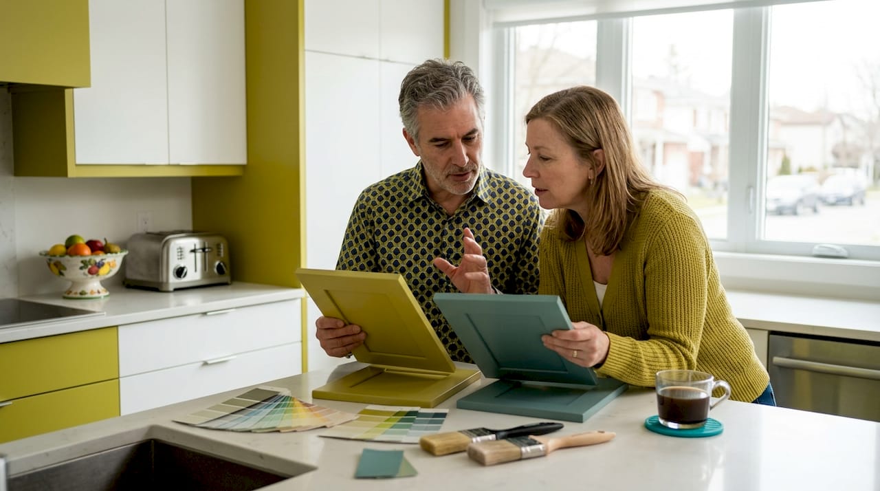 Homeowners comparing cabinet color samples