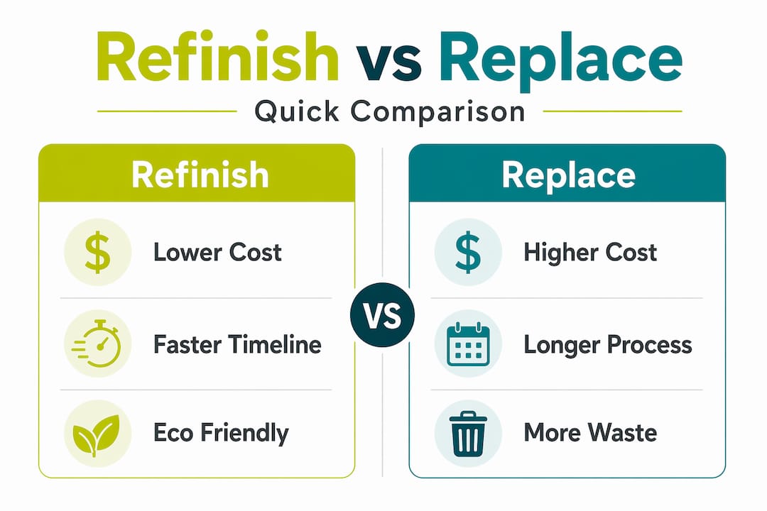Infographic comparing refinishing and replacement key points