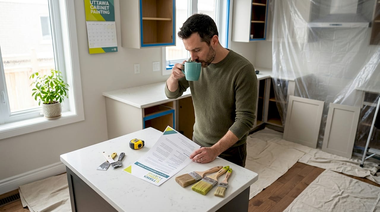 Homeowner reviewing refinish quote in Ottawa kitchen