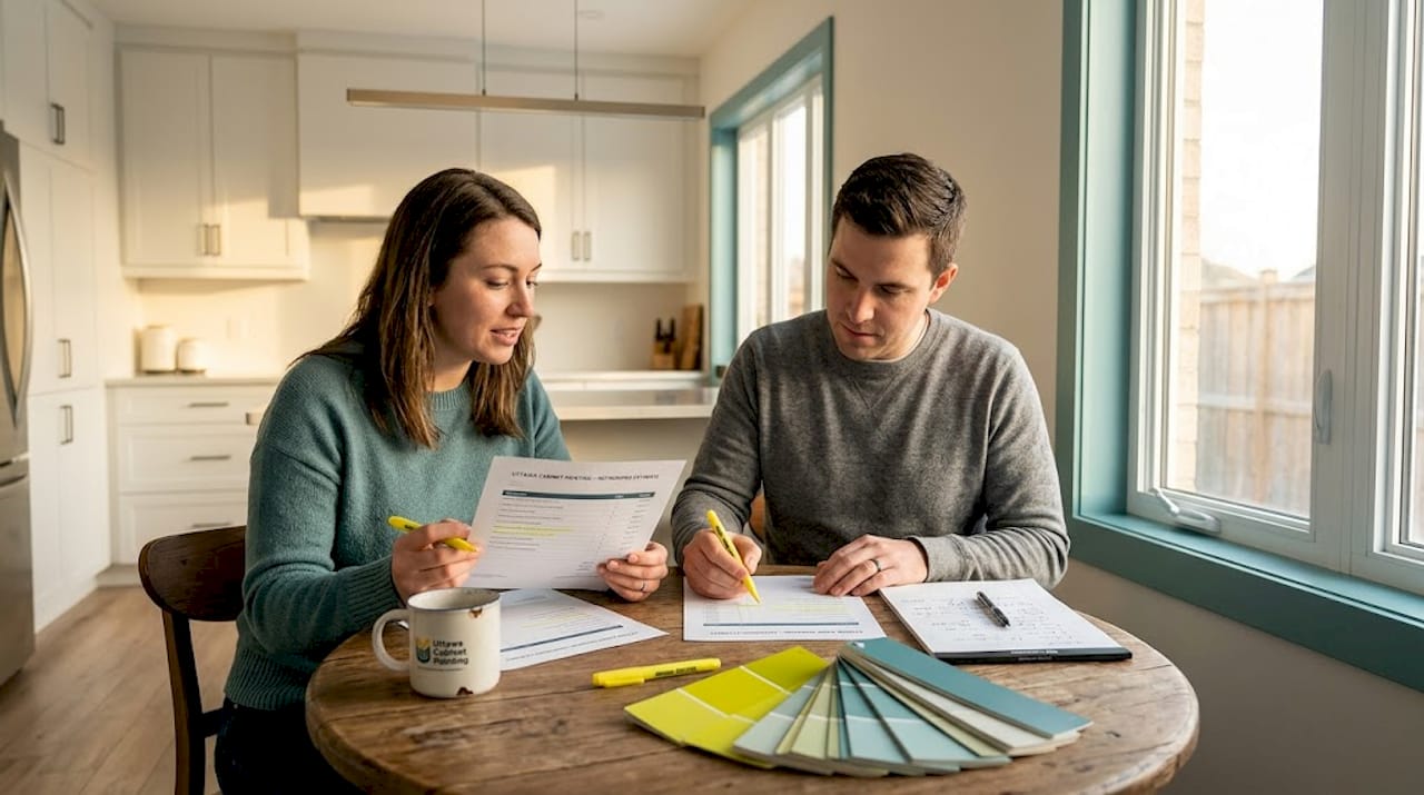 Two homeowners reviewing and comparing cabinet quotes