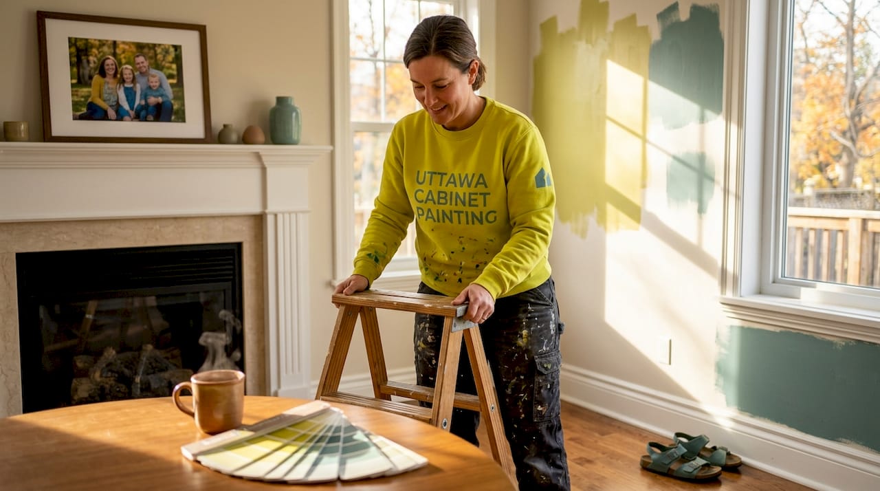 Painter prepping dining room for painting in Ottawa