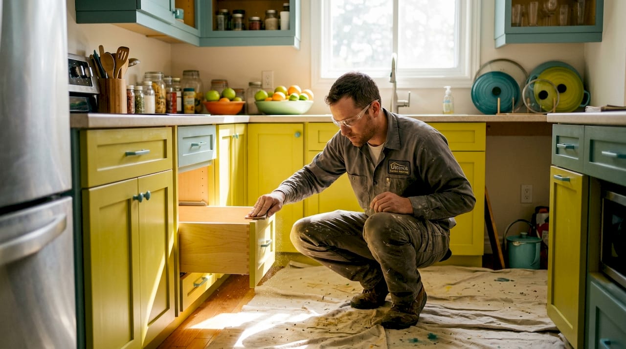 Painter sanding kitchen cabinet drawer in Ottawa home