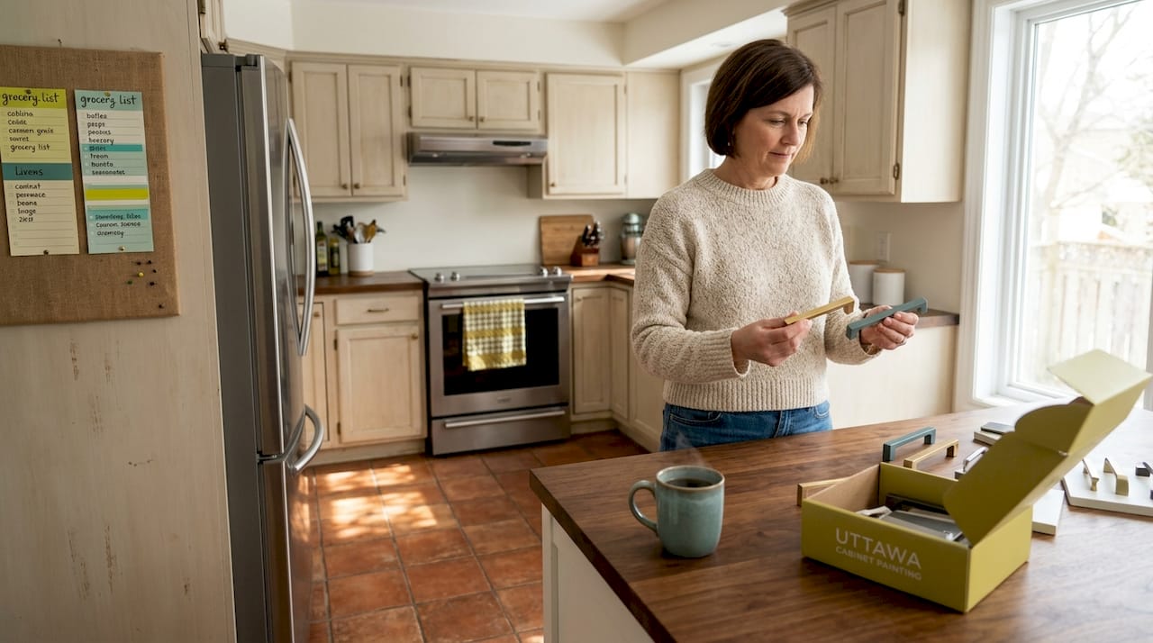 Woman choosing cabinet hardware in Ottawa kitchen